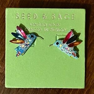 Seed & Sage Sterling Silver Hummingbirds Post Earrings wi/ Colorful Crys…